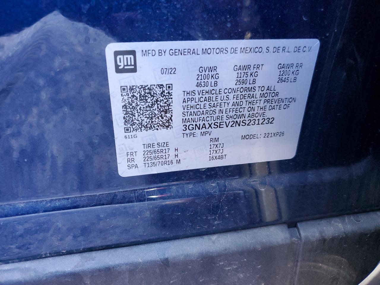 2022 CHEVROLET EQUINOX LS VIN:3GNAXSEV2NS231232