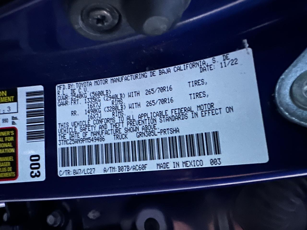 2023 TOYOTA TACOMA DOUBLE CAB VIN:3TMCZ5AN9PM549486