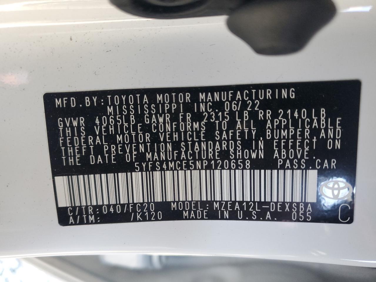 2022 TOYOTA COROLLA SE VIN:5YFS4MCE5NP120658