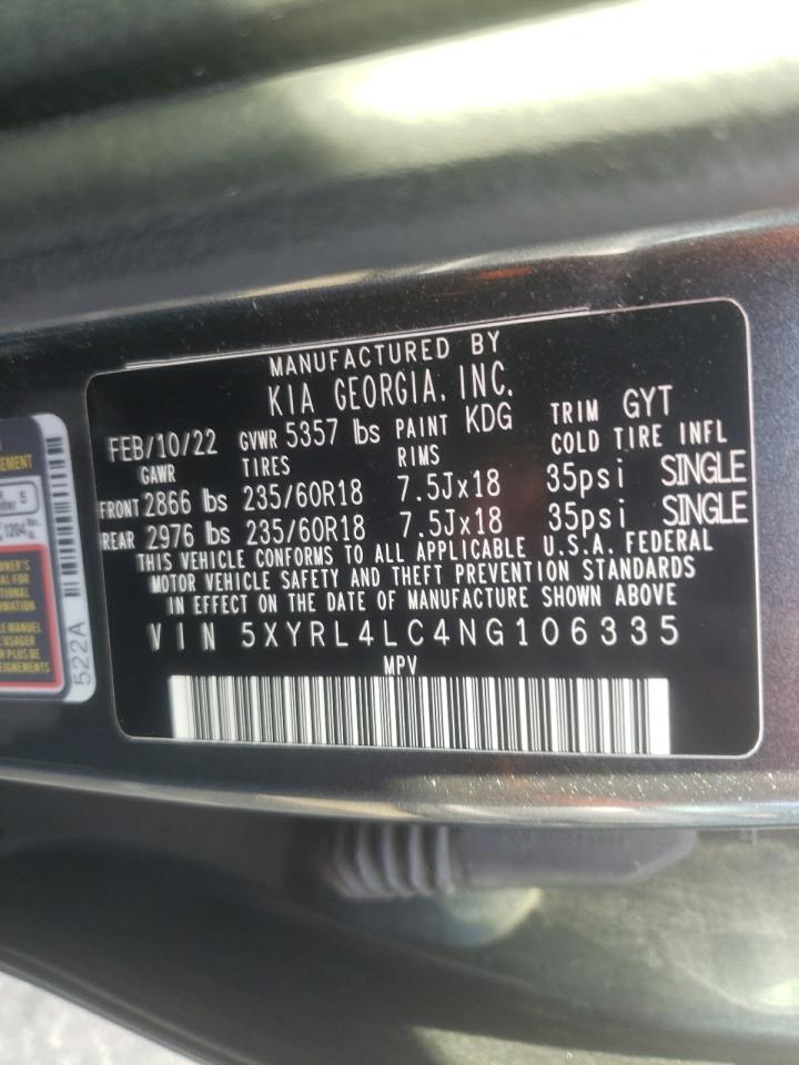 2022 KIA SORENTO S VIN:5XYRL4LC4NG106335