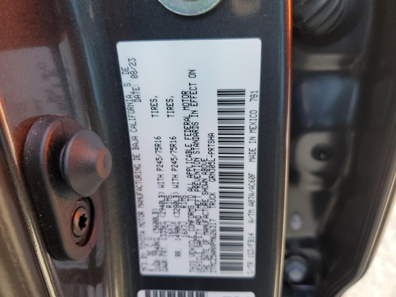 2023 TOYOTA TACOMA DOUBLE CAB VIN:3TMCZ5ANXPM626317