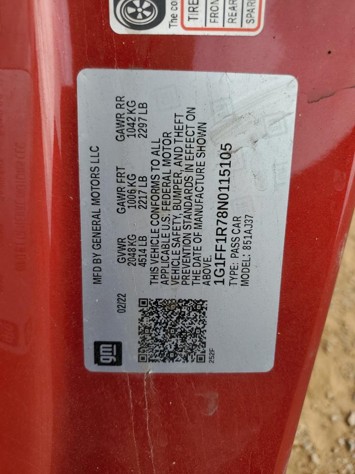 2022 CHEVROLET CAMARO LT1 VIN:1G1FF1R78N0115105