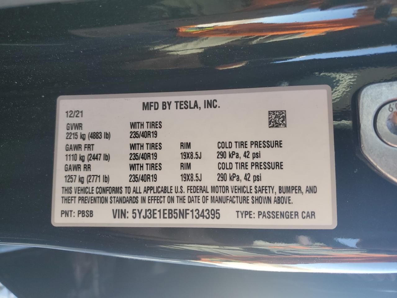 2022 TESLA MODEL 3  VIN:5YJ3E1EB5NF134395