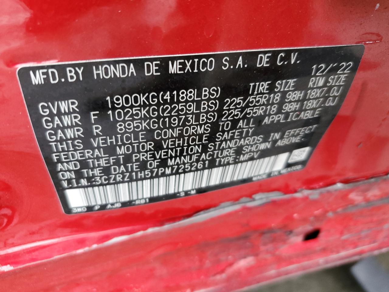 2023 HONDA HR-V SPORT VIN:3CZRZ1H57PM725261