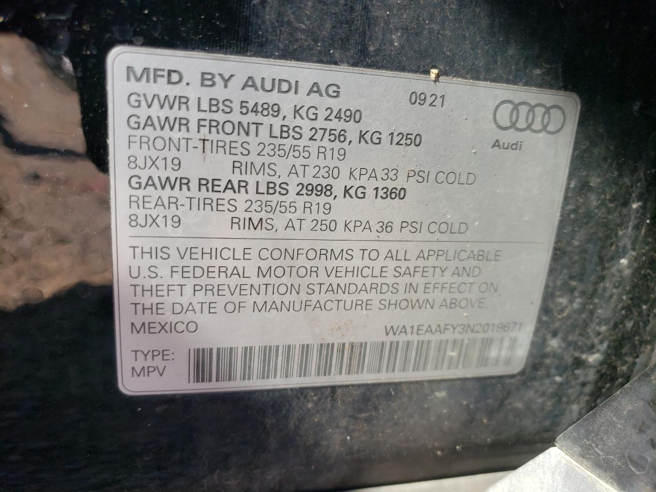 2022 AUDI Q5 PREMIUM PLUS 45 VIN:WA1EAAFY3N2019671