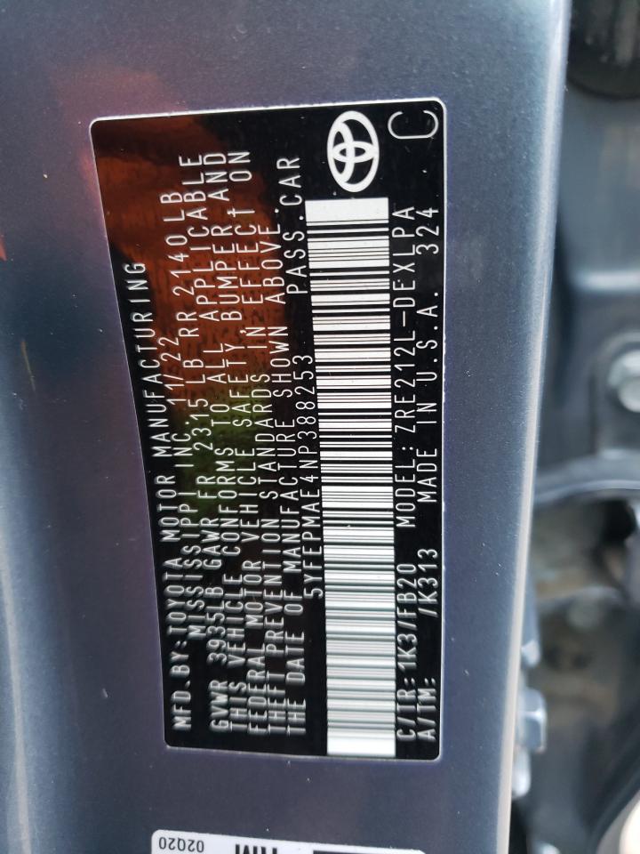 2022 TOYOTA COROLLA LE VIN:5YFEPMAE4NP388253