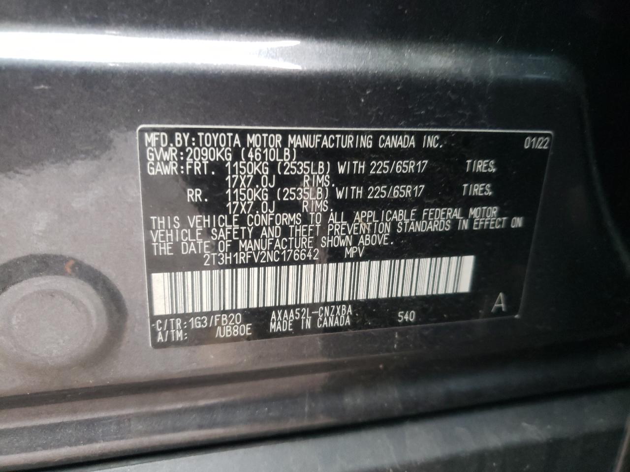 2022 TOYOTA RAV4 LE VIN:2T3H1RFV2NC176642