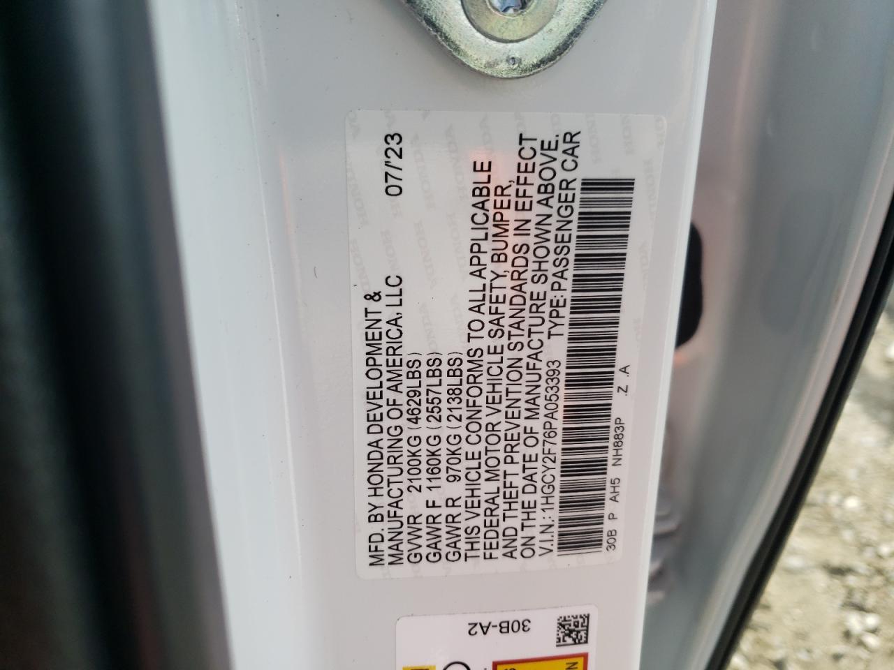 2023 HONDA ACCORD HYBRID SPORT-L VIN:1HGCY2F76PA053393