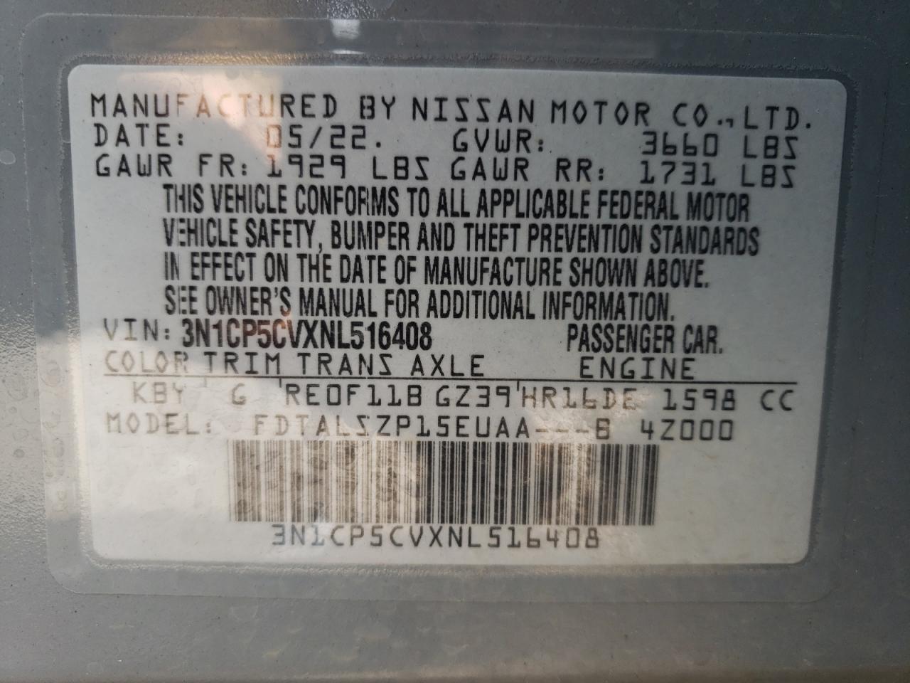 2022 NISSAN KICKS SV VIN:3N1CP5CVXNL516408