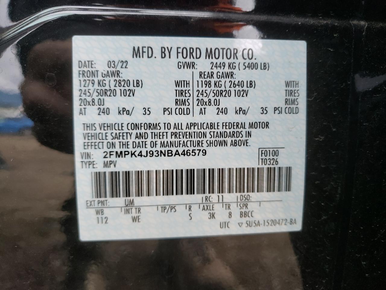 2022 FORD EDGE SEL VIN:2FMPK4J93NBA46579