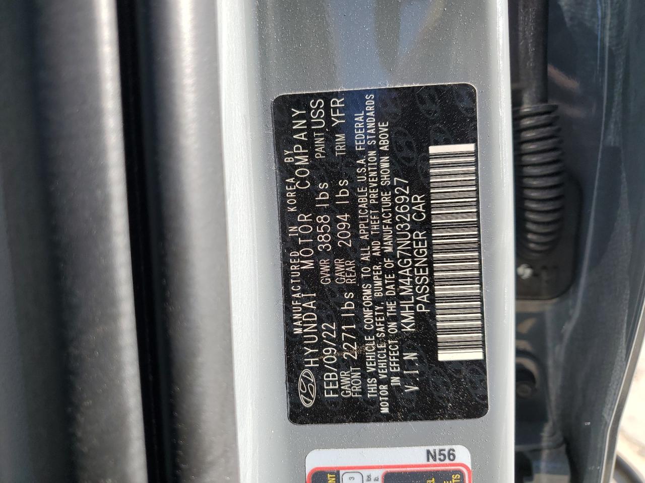 2022 HYUNDAI ELANTRA SEL VIN:KMHLM4AG7NU326927