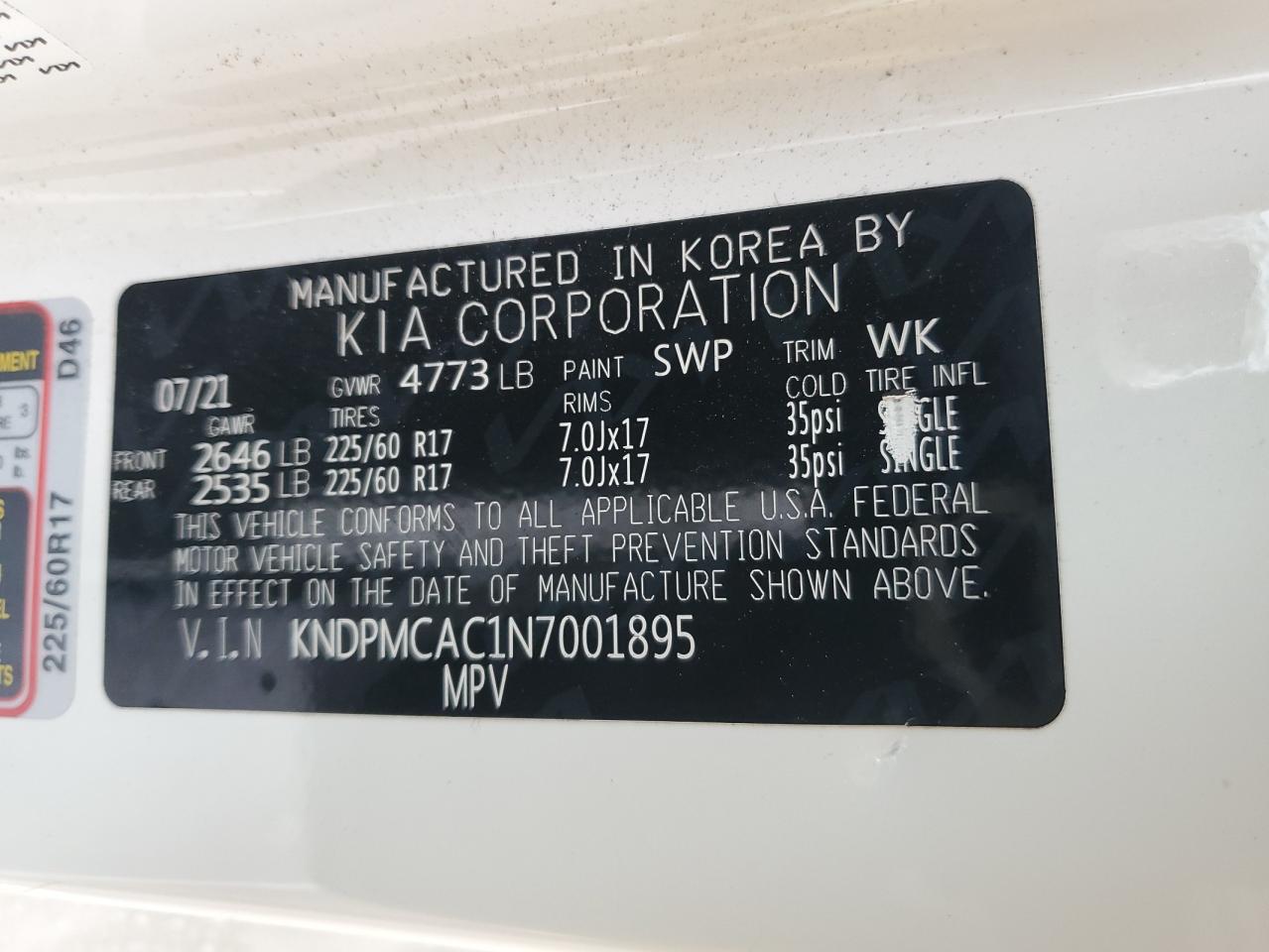 2022 KIA SPORTAGE LX VIN:KNDPMCAC1N7001895
