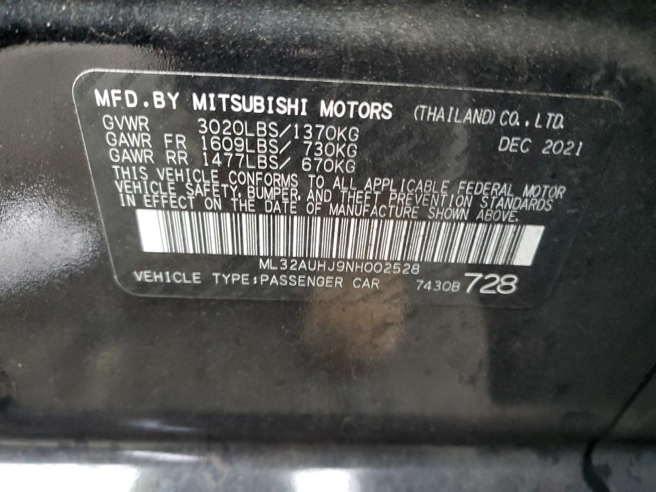 2022 MITSUBISHI MIRAGE ES VIN:ML32AUHJ9NH002528