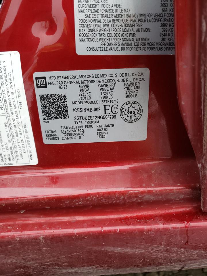 2022 GMC SIERRA K1500 AT4 VIN:3GTUUEET2NG504798