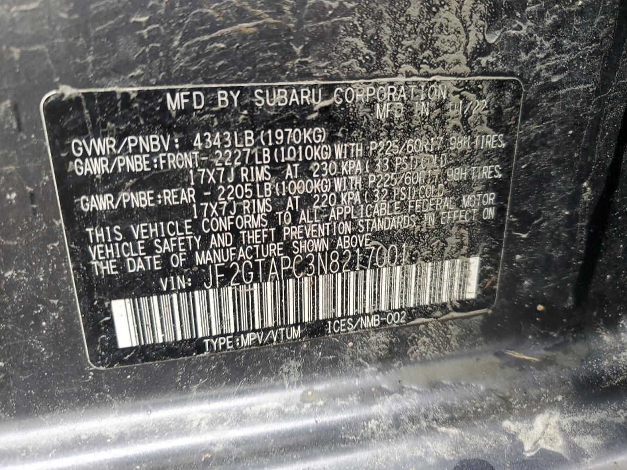 2022 SUBARU CROSSTREK PREMIUM VIN:JF2GTAPC3N8217001