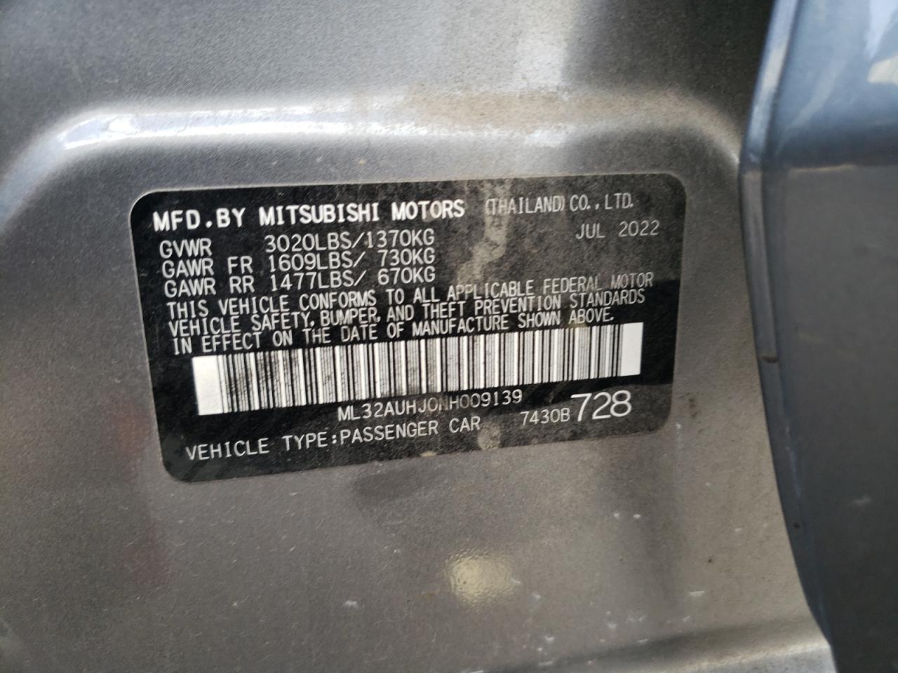 2022 MITSUBISHI MIRAGE ES VIN:ML32AUHJ0NH009139