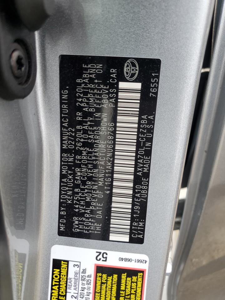 2022 TOYOTA CAMRY SE VIN:4T1G11AK2NU668766