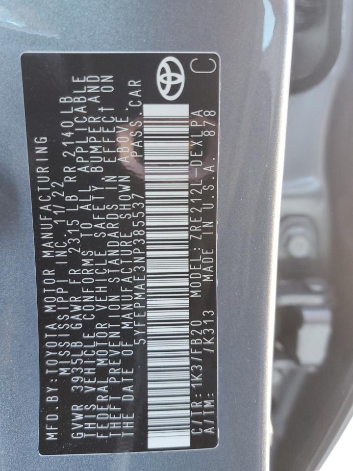 2022 TOYOTA COROLLA LE VIN:5YFEPMAE3NP385537