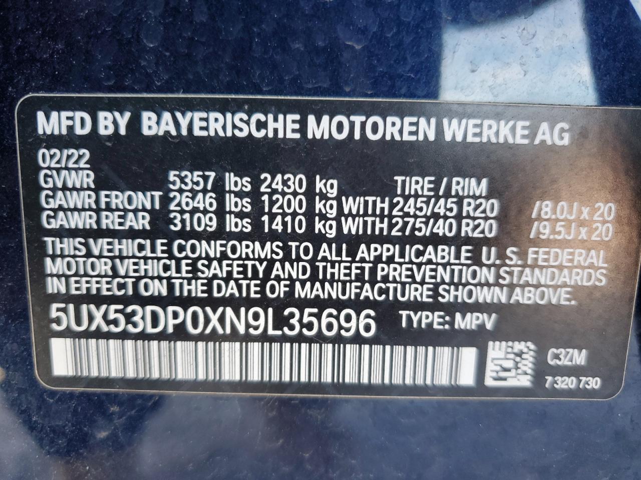 2022 BMW X3 XDRIVE30I VIN:5UX53DP0XN9L35696