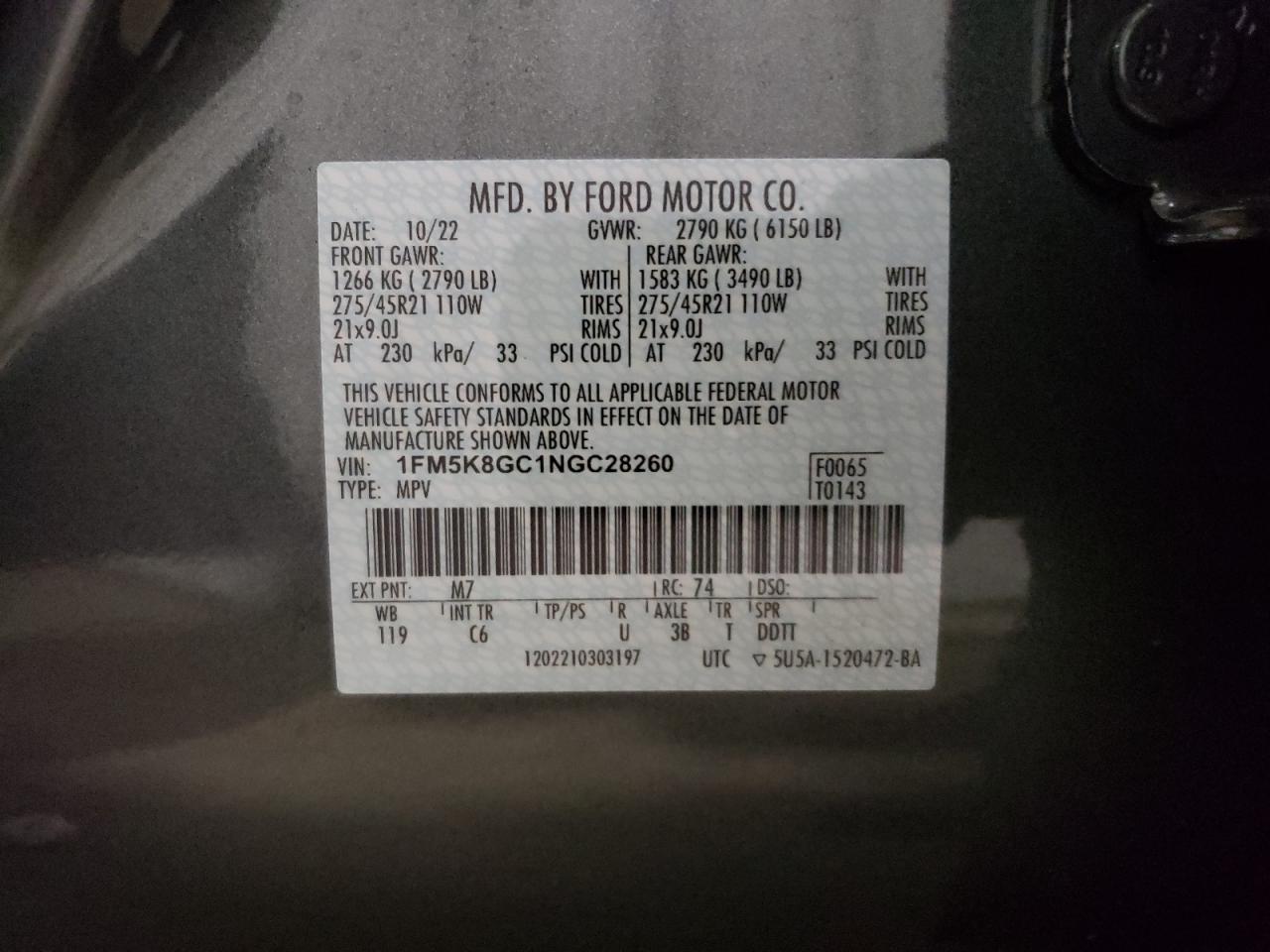 2022 FORD EXPLORER ST VIN:1FM5K8GC1NGC28260