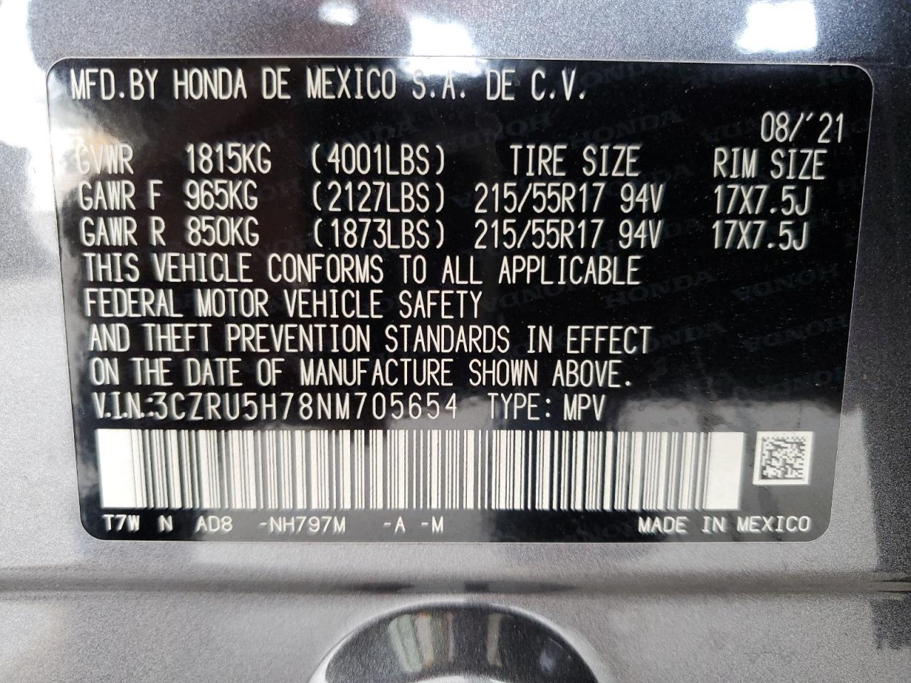 2022 HONDA HR-V EXL VIN:3CZRU5H78NM705654