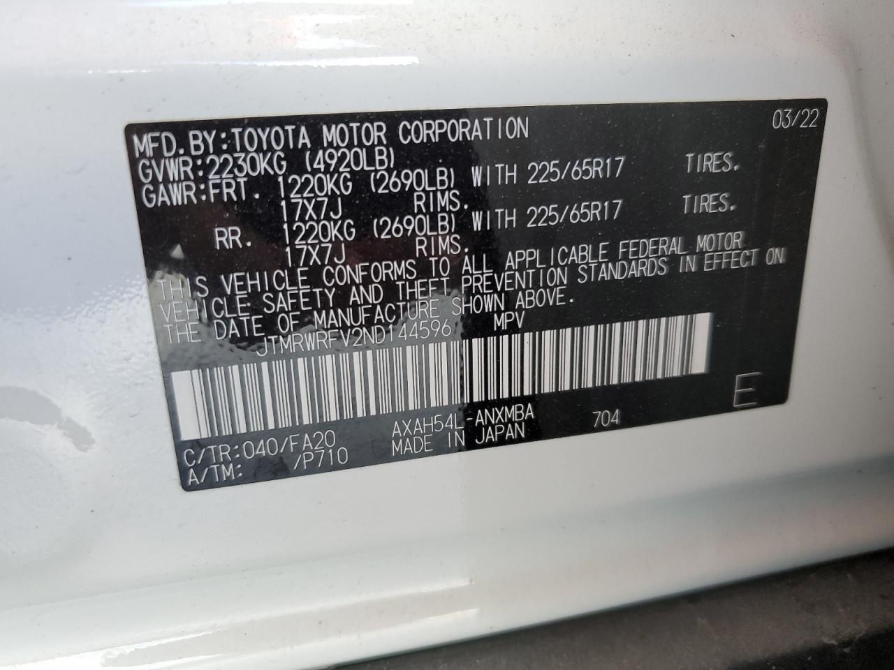 2022 TOYOTA RAV4 XLE VIN:JTMRWRFV2ND144596