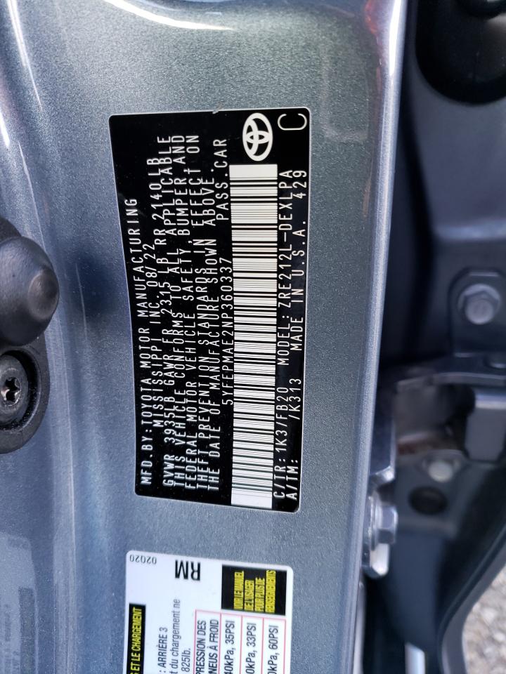 2022 TOYOTA COROLLA LE VIN:5YFEPMAE2NP360337