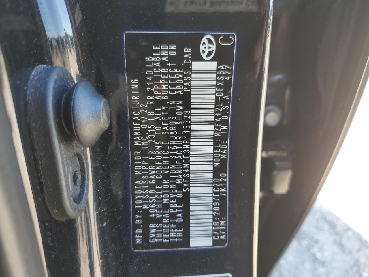 2022 TOYOTA COROLLA SE VIN:5YFS4MCE3NP115328