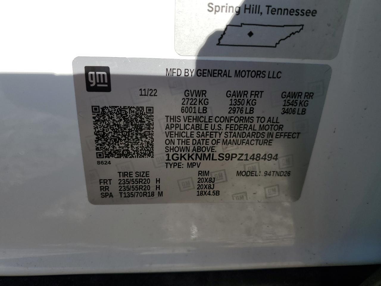 2023 GMC ACADIA SLT VIN:1GKKNMLS9PZ148494