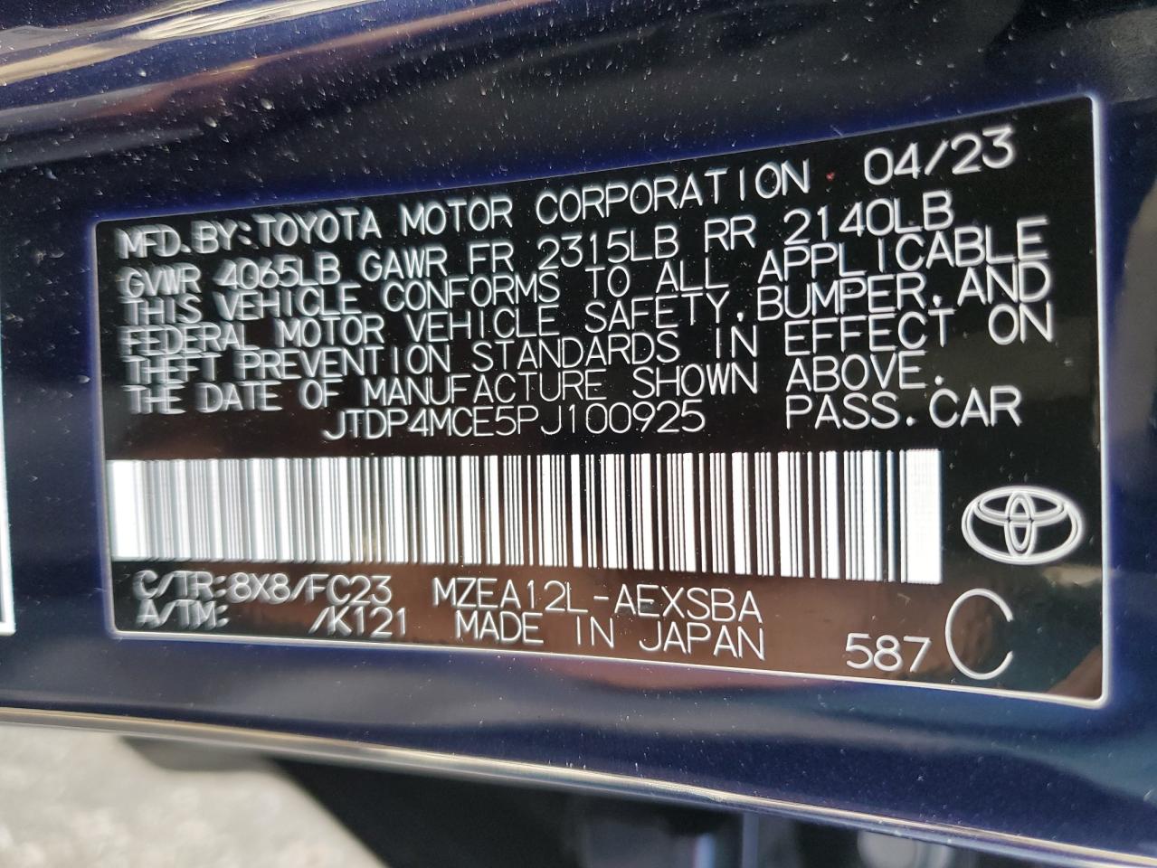 2023 TOYOTA COROLLA SE VIN:JTDP4MCE5PJ100925