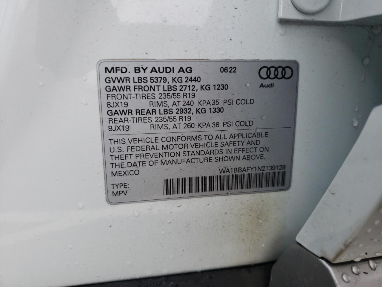 2022 AUDI Q5 PREMIUM PLUS 40 VIN:WA1BBAFY1N2139128