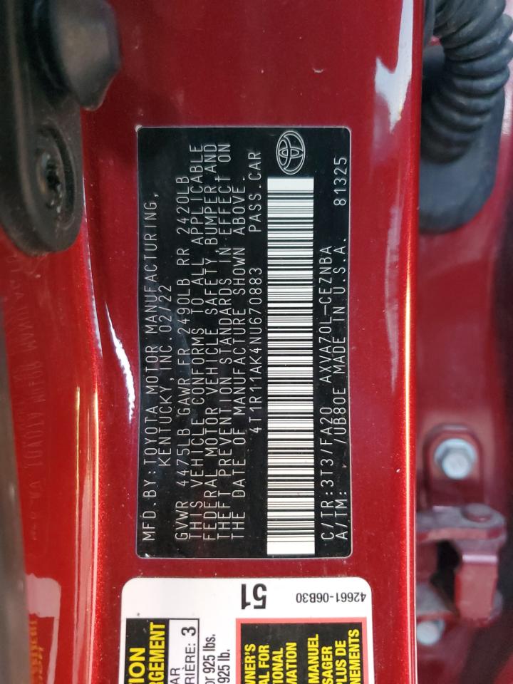 2022 TOYOTA CAMRY LE VIN:4T1R11AK4NU670883