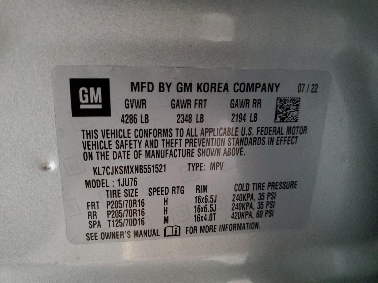 2022 CHEVROLET TRAX LS VIN:KL7CJKSMXNB551521