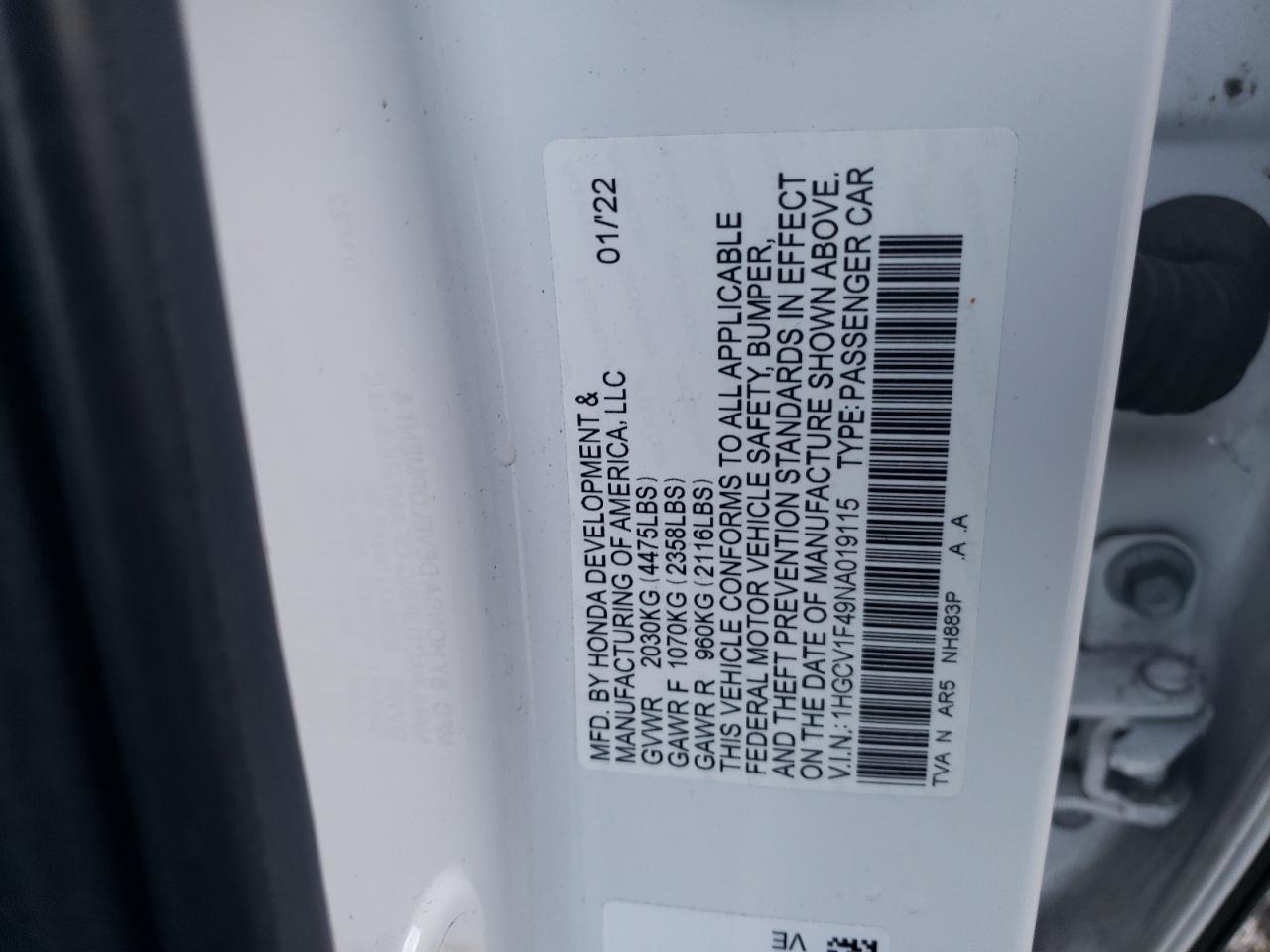 2022 HONDA ACCORD SPORT SE VIN:1HGCV1F49NA019115