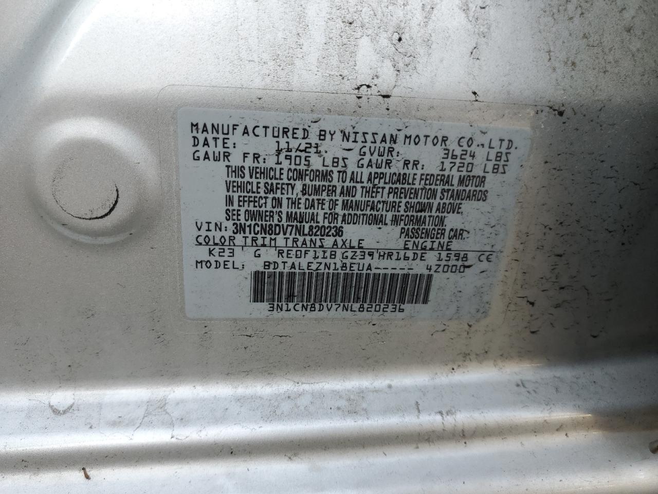 2022 NISSAN VERSA S VIN:3N1CN8DV7NL820236