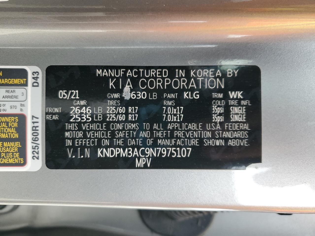 2022 KIA SPORTAGE LX VIN:KNDPM3AC9N7975107