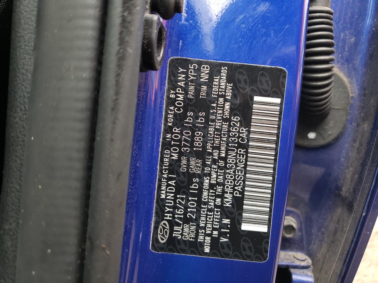 2022 HYUNDAI VENUE SE VIN:KMHRB8A38NU133626