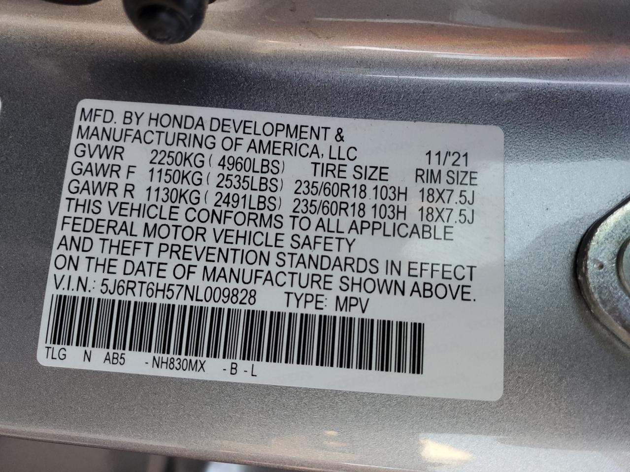 2022 HONDA CR-V EX VIN:5J6RT6H57NL009828