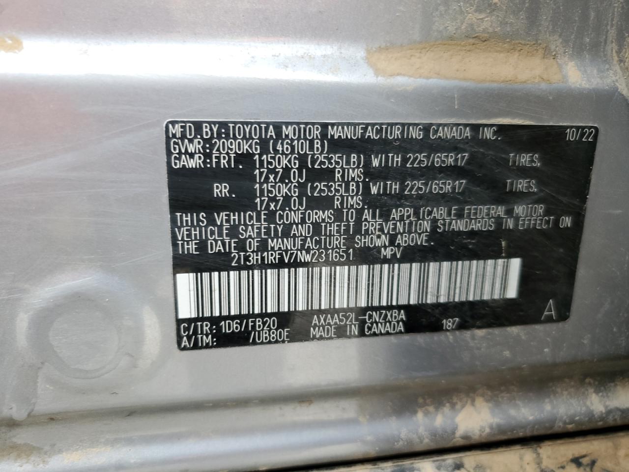 2022 TOYOTA RAV4 LE VIN:2T3H1RFV7NW231651