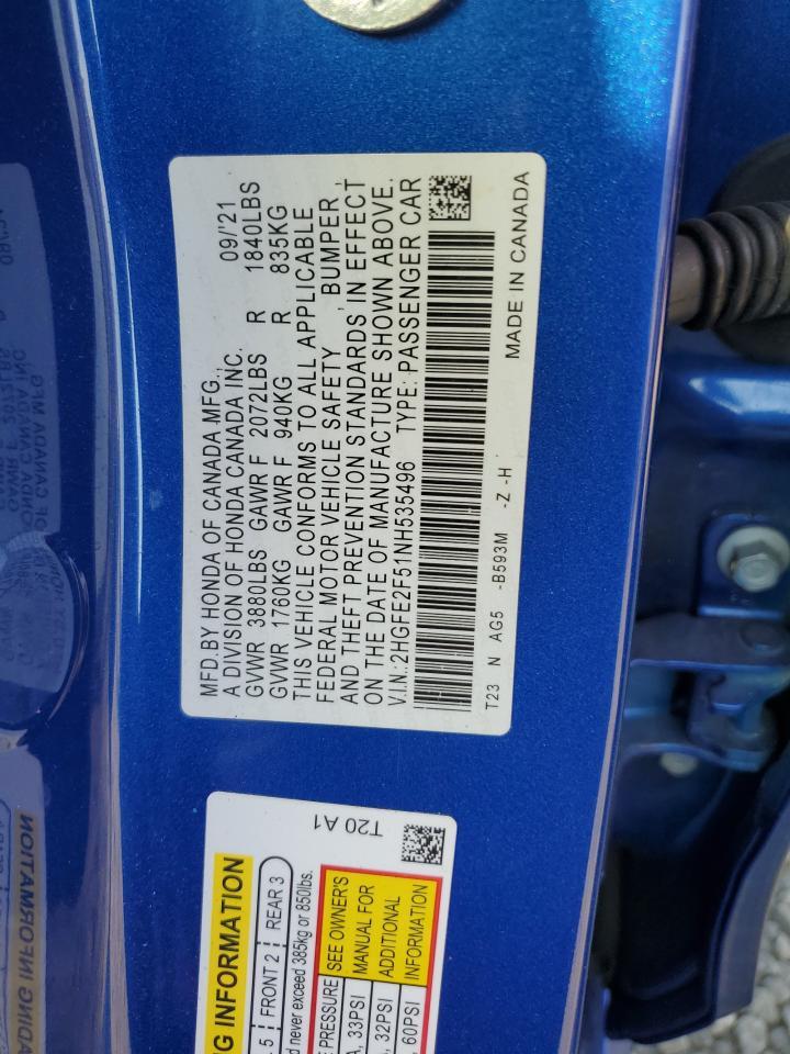 2022 HONDA CIVIC SPORT VIN:2HGFE2F51NH535496