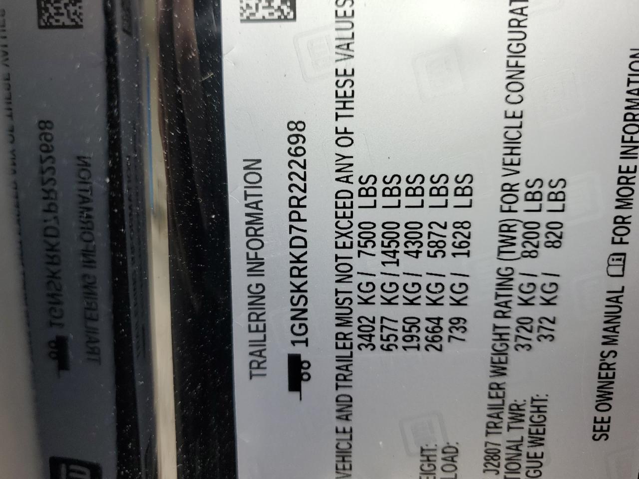 2023 CHEVROLET TAHOE K1500 RST VIN:1GNSKRKD7PR222698