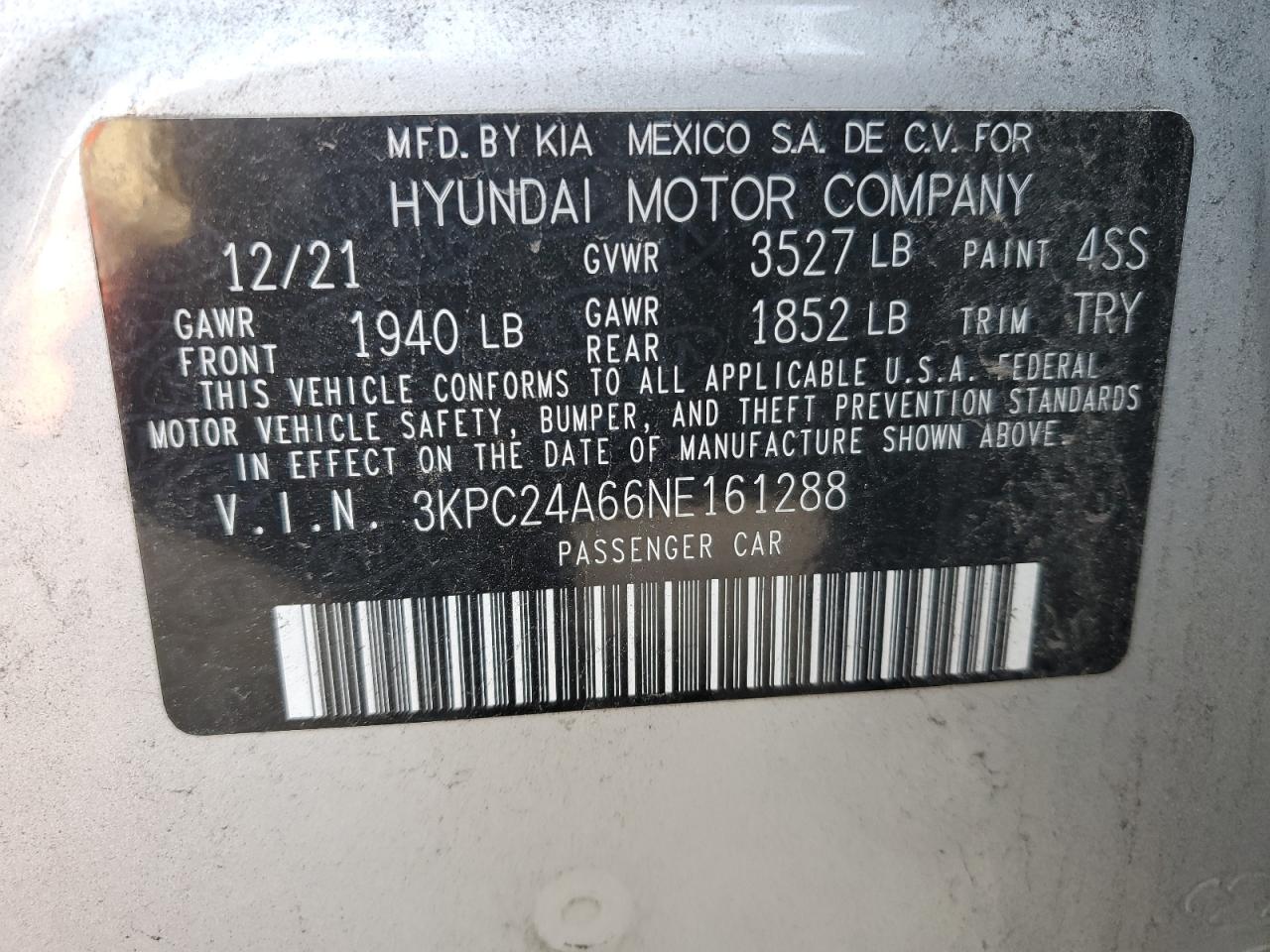 2022 HYUNDAI ACCENT SE VIN:3KPC24A66NE161288
