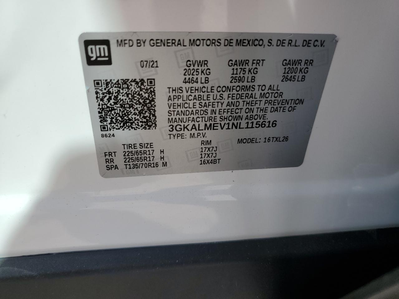 2022 GMC TERRAIN SLE VIN:3GKALMEV1NL115616