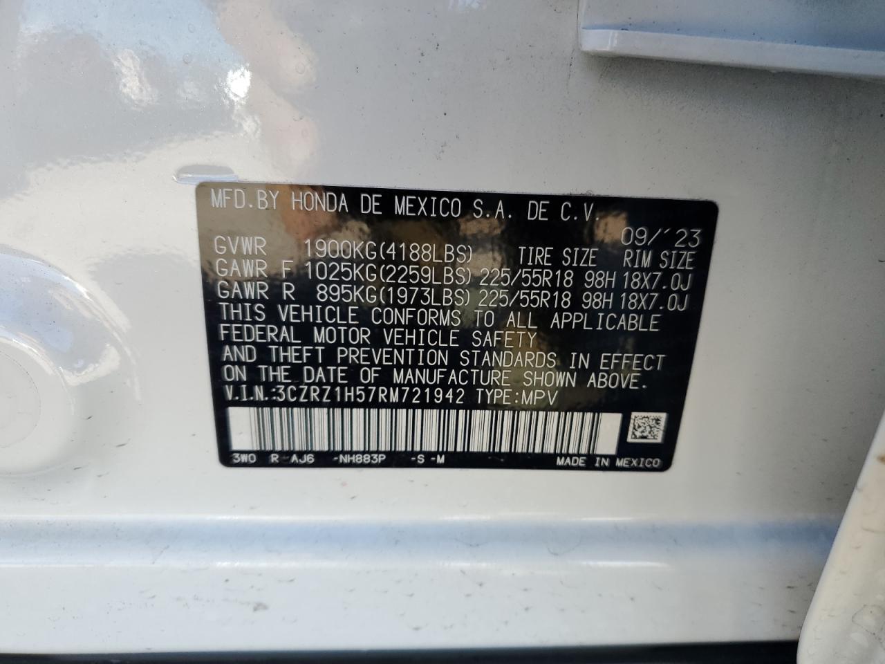 2024 HONDA HR-V SPORT VIN:3CZRZ1H57RM721942