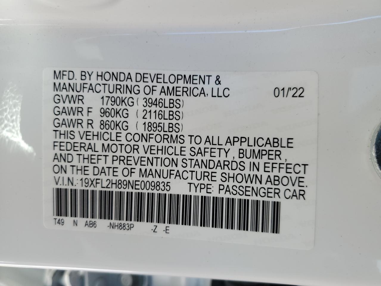2022 HONDA CIVIC SPORT VIN:19XFL2H89NE009835