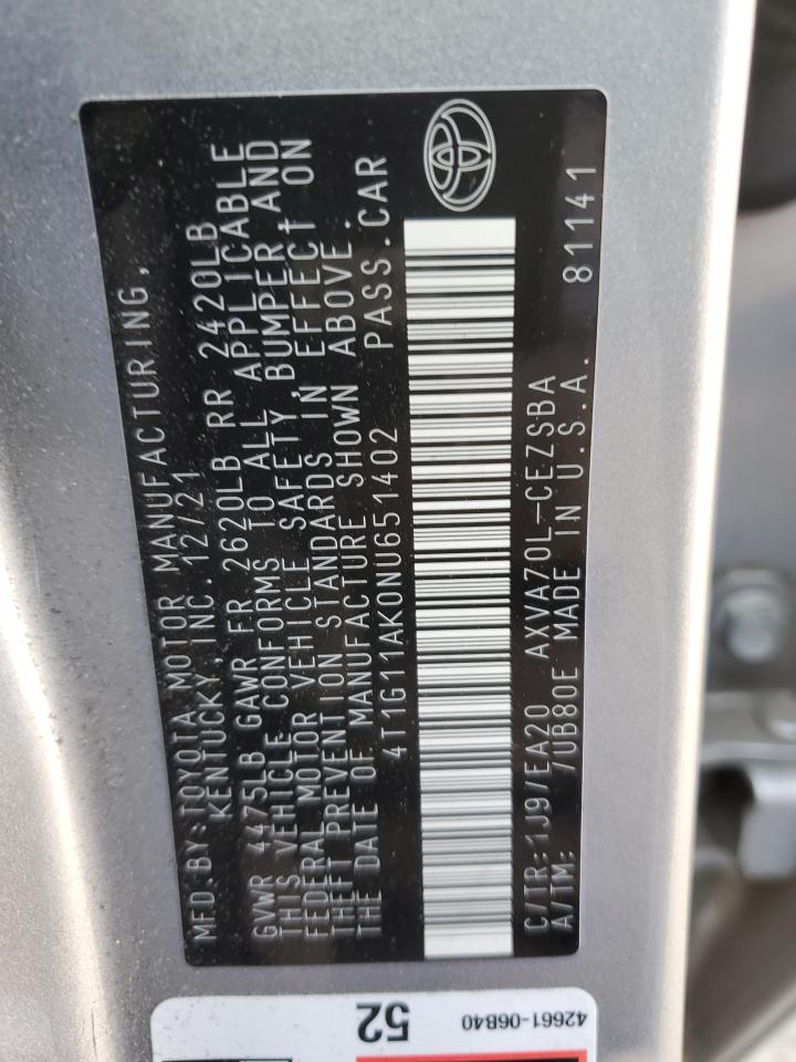 2022 TOYOTA CAMRY SE VIN:4T1G11AK0NU651402