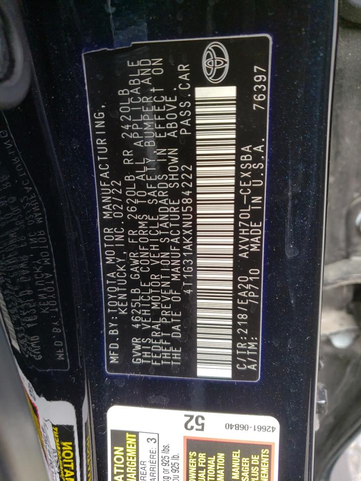 2022 TOYOTA CAMRY NIGHT SHADE VIN:4T1G31AKXNU584222