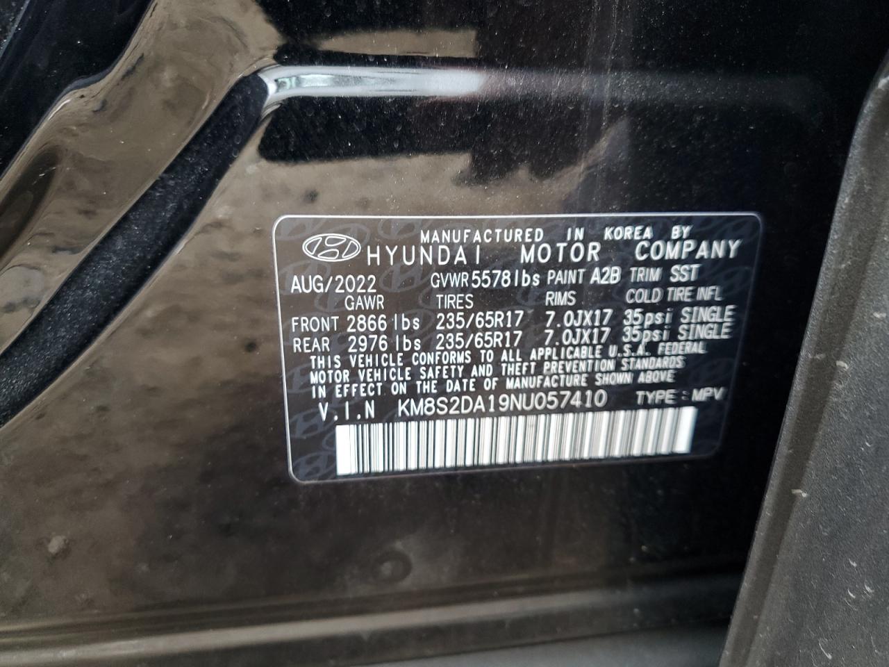 2022 HYUNDAI SANTA FE BLUE VIN:KM8S2DA19NU057410