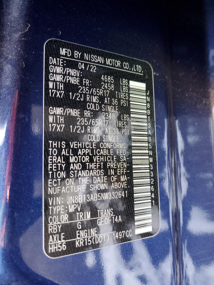 2022 NISSAN ROGUE S VIN:JN8BT3AB5NW332641