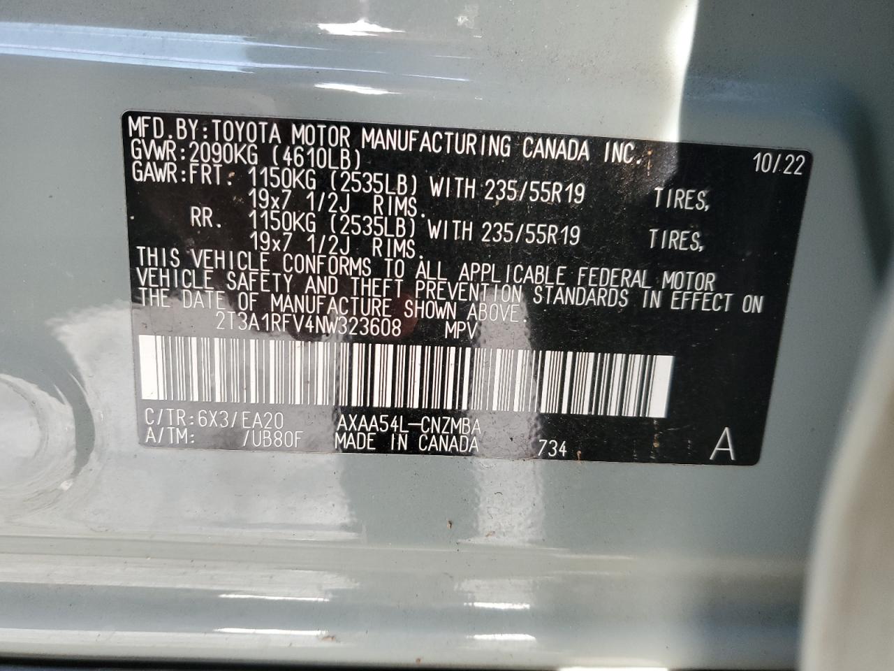 2022 TOYOTA RAV4 XLE PREMIUM VIN:2T3A1RFV4NW323608